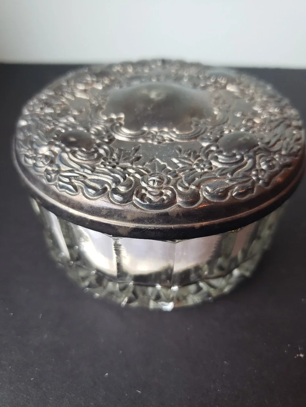 1980's Ornate Vintage Silver-plate Glass Powder Jar, Unused